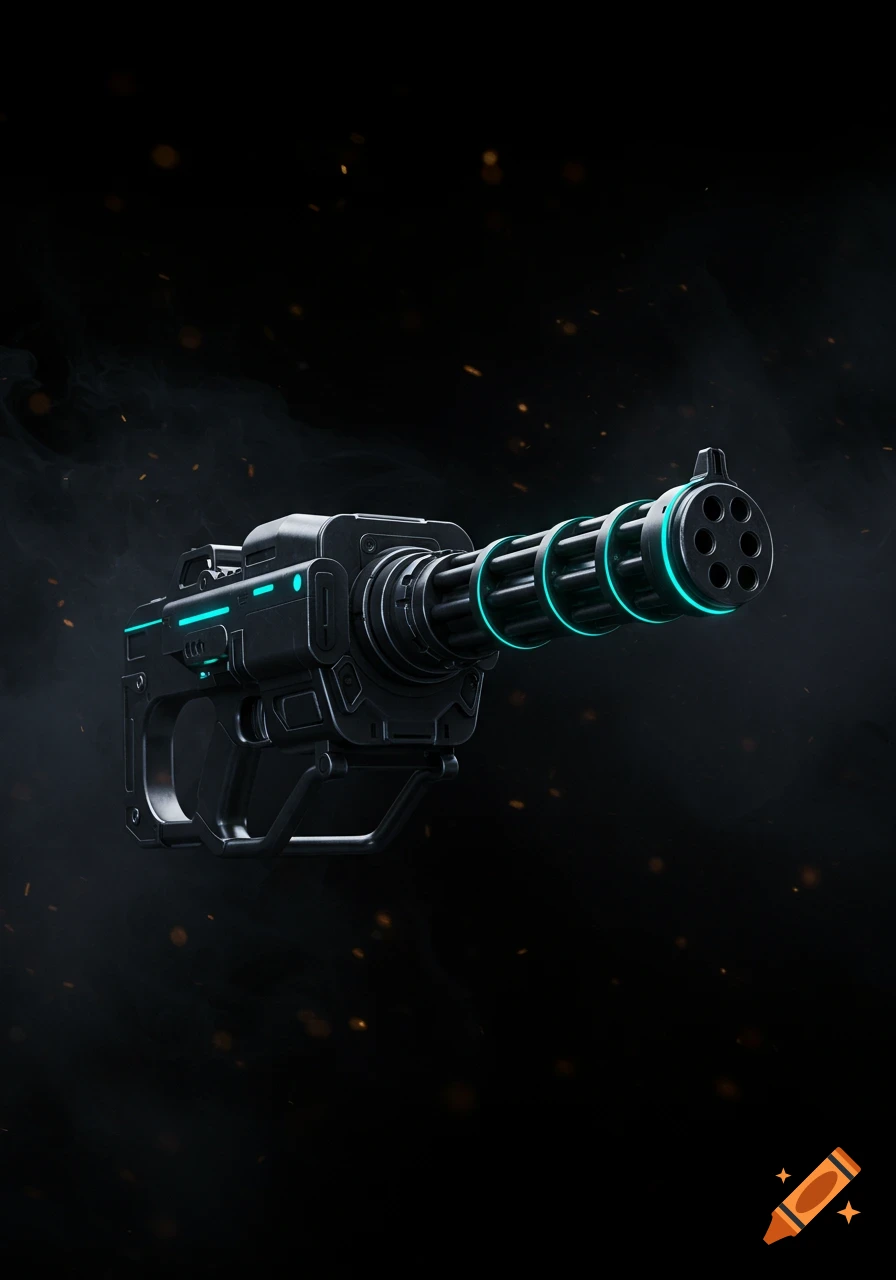 A black, futuristic minigun with glowing blue accents against a dark, smoky background with floating orange sparks.