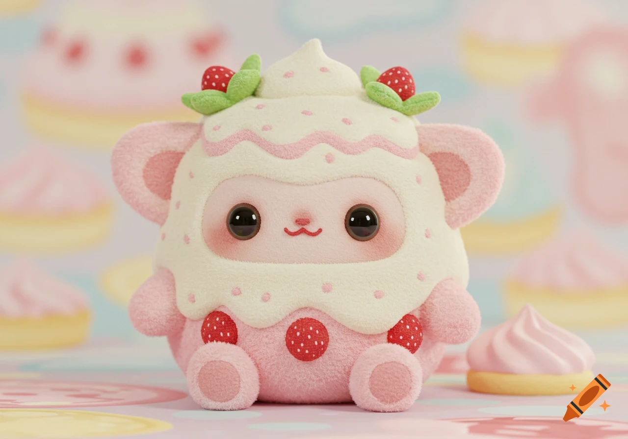 A cute pink and cream plush toy character resembling a strawberry shortcake, with large black eyes and a small smile, on a pastel background.