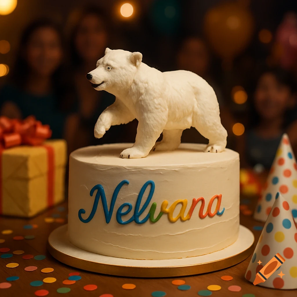 A white polar bear figurine stands atop a white birthday cake with 'Nelvana' written in colorful frosting. Confetti and party hats are on the table with blurred people in the background.