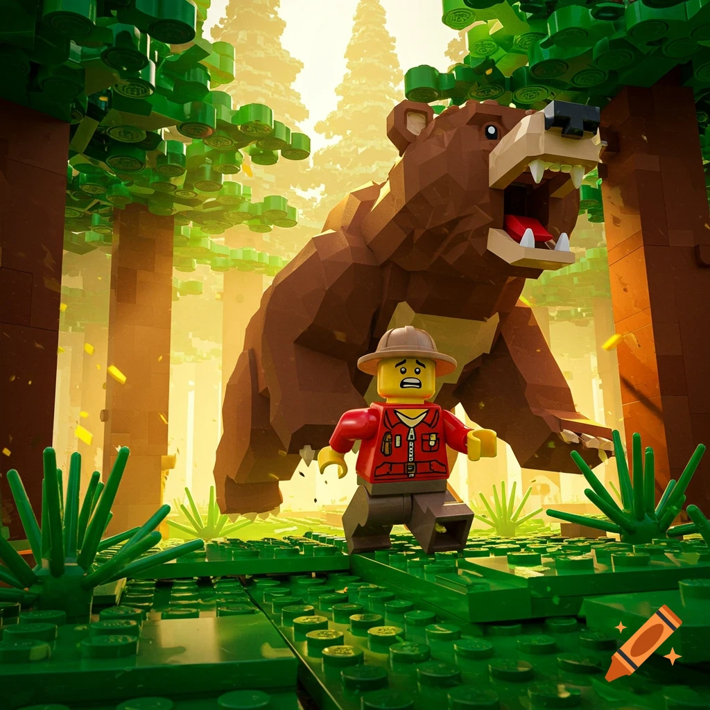 A Lego minifigure wearing a hat and red jacket flees through a bright forest as a large brown Lego bear chases it.