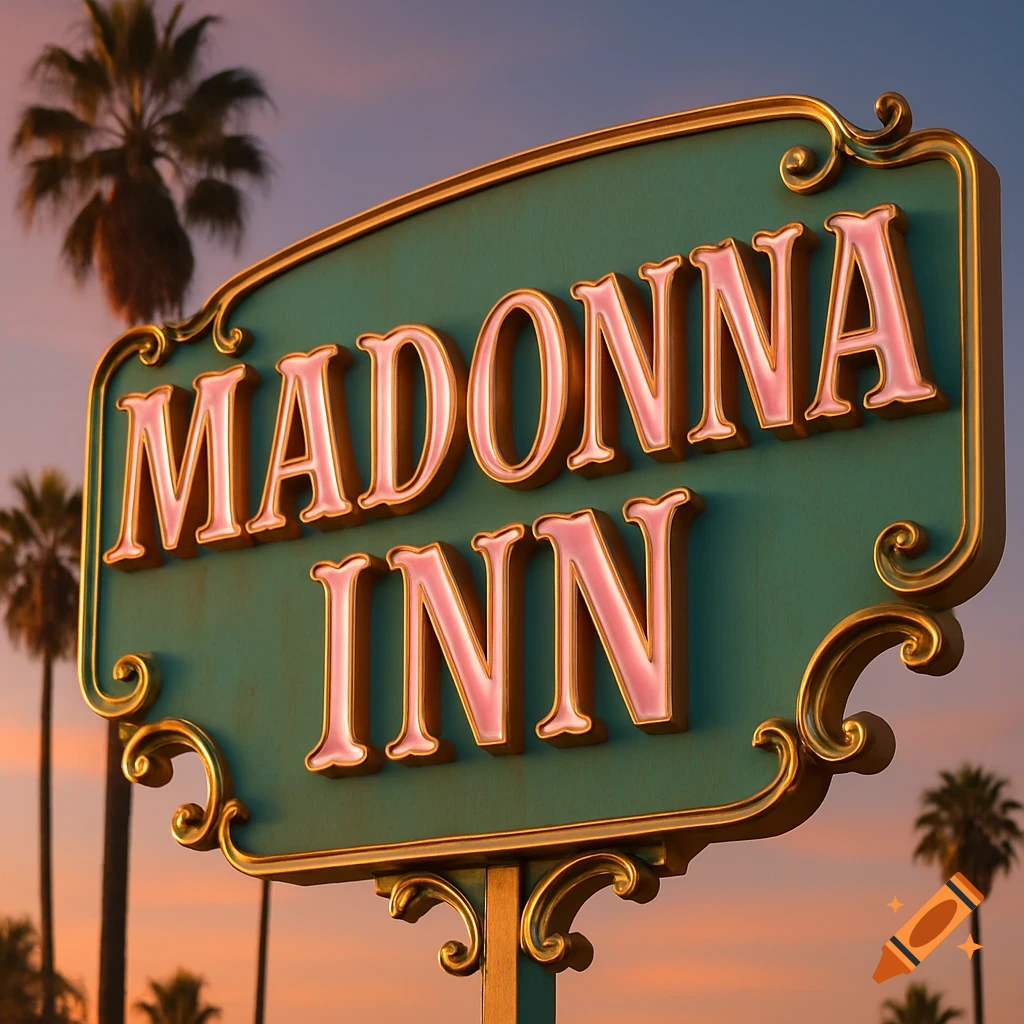 Ornate teal and gold sign with pink letters spelling 'MADONNA INN' against a sunset sky with palm trees.