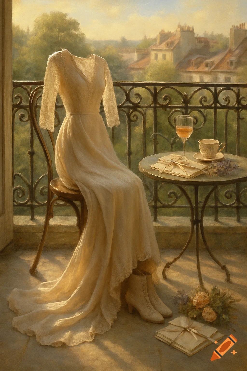 A champagne-colored dress on a chair on a balcony overlooking rooftops, with a table holding a wine glass and letters, in a painterly style with golden hour light.