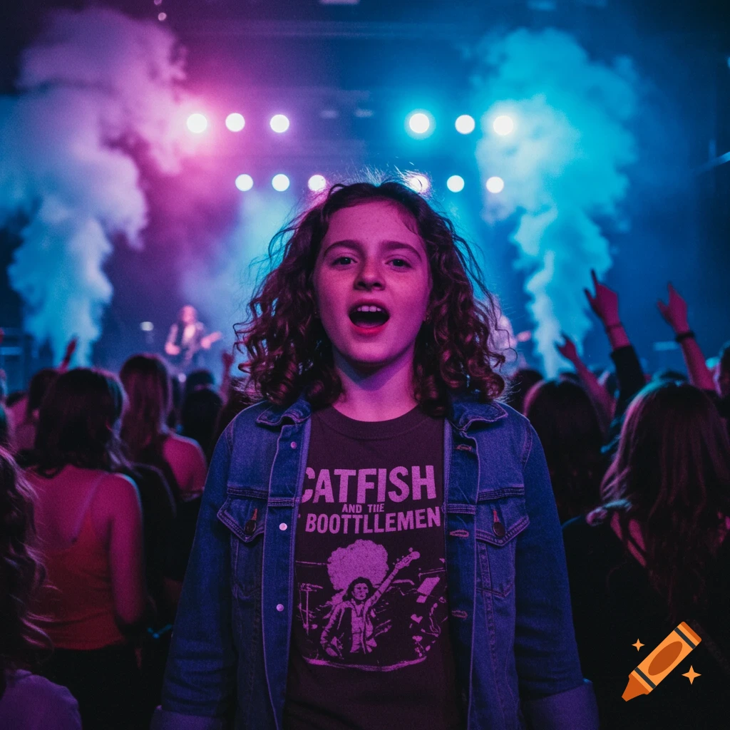 A young person with curly hair at a concert, wearing a denim jacket and a band t-shirt, under bright pink and blue stage lights.