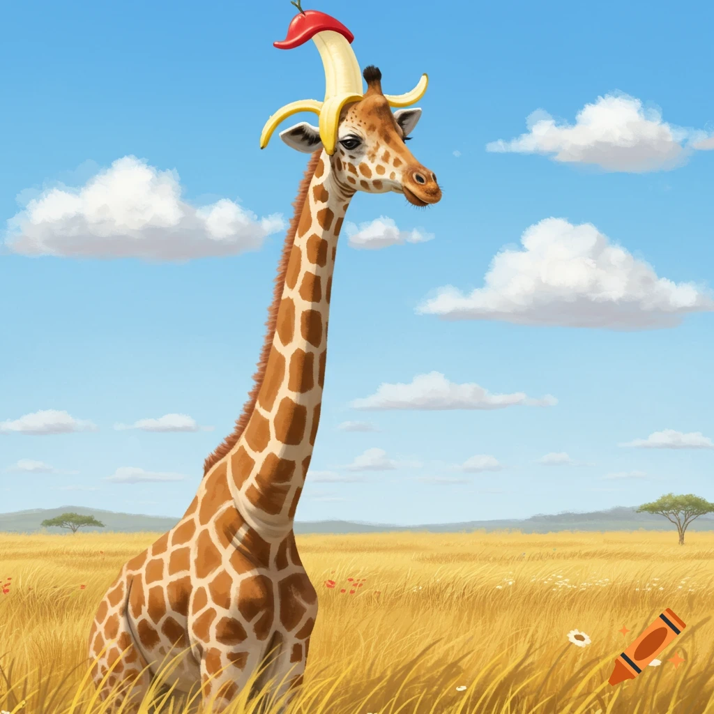 A giraffe stands in a golden savanna under a blue sky, wearing a humorous red pepper and banana hat.