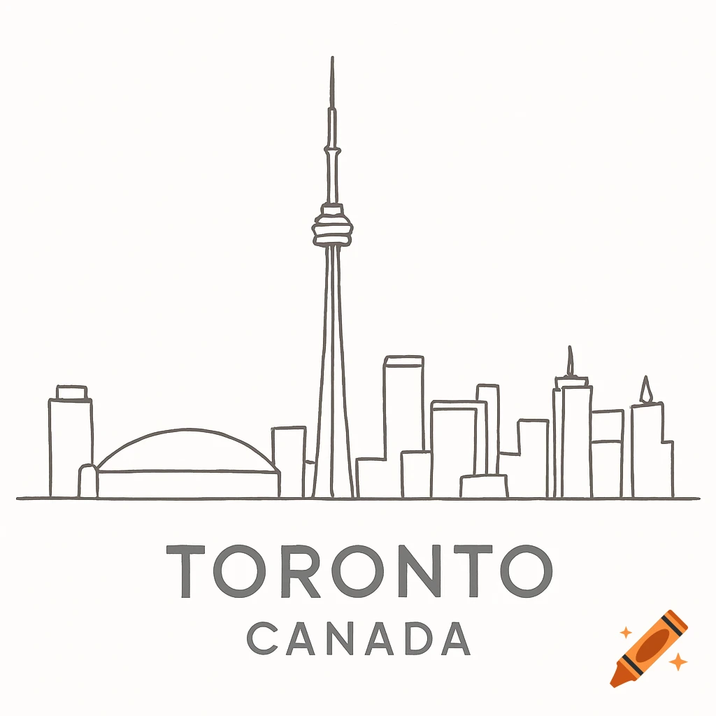 Minimalist outline illustration of the Toronto skyline with the words Toronto Canada below it on a white background.