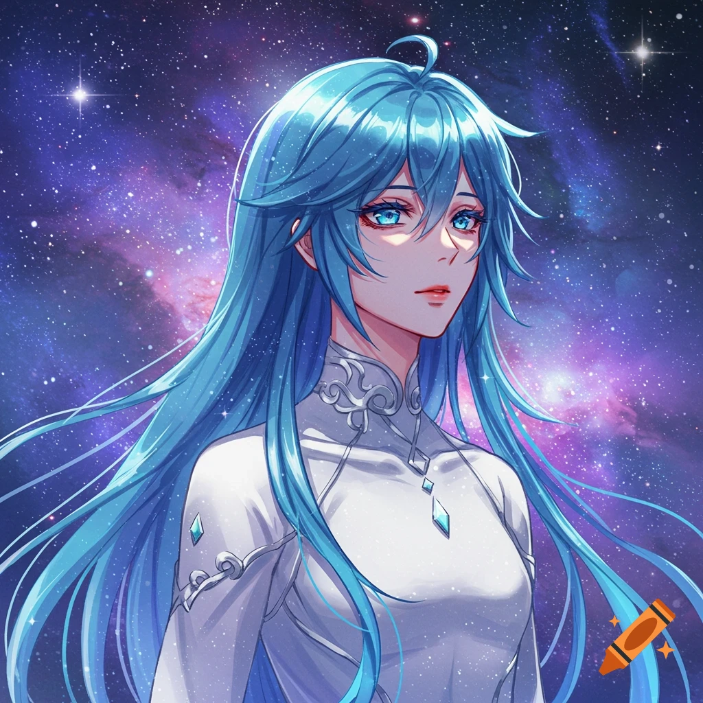 An anime character with long flowing blue hair and glowing blue eyes, wearing a white outfit, stands against a vibrant purple and blue galaxy background filled with stars.