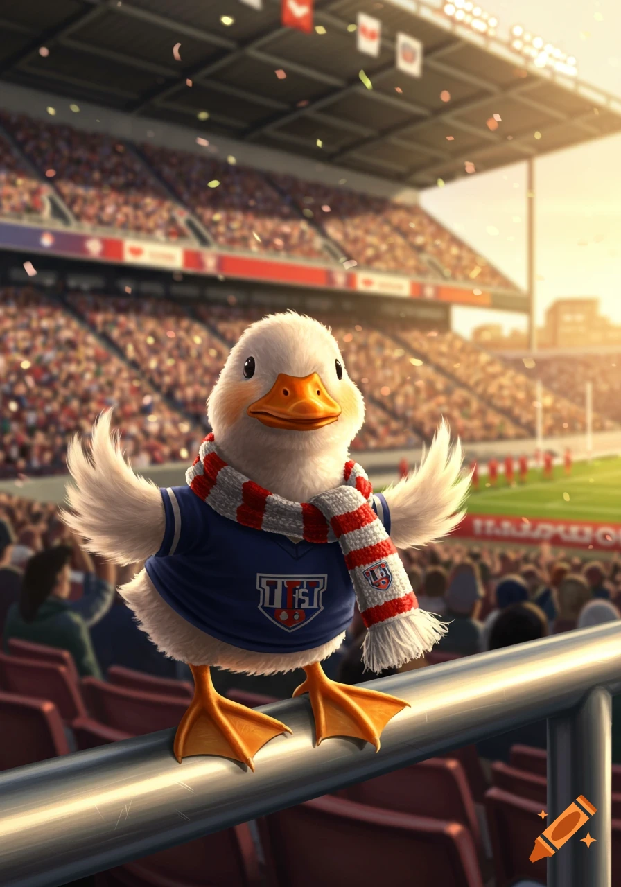 A cute animated duck wearing a blue jersey and red and white striped scarf stands on a railing in a crowded sports stadium filled with fans and falling confetti.