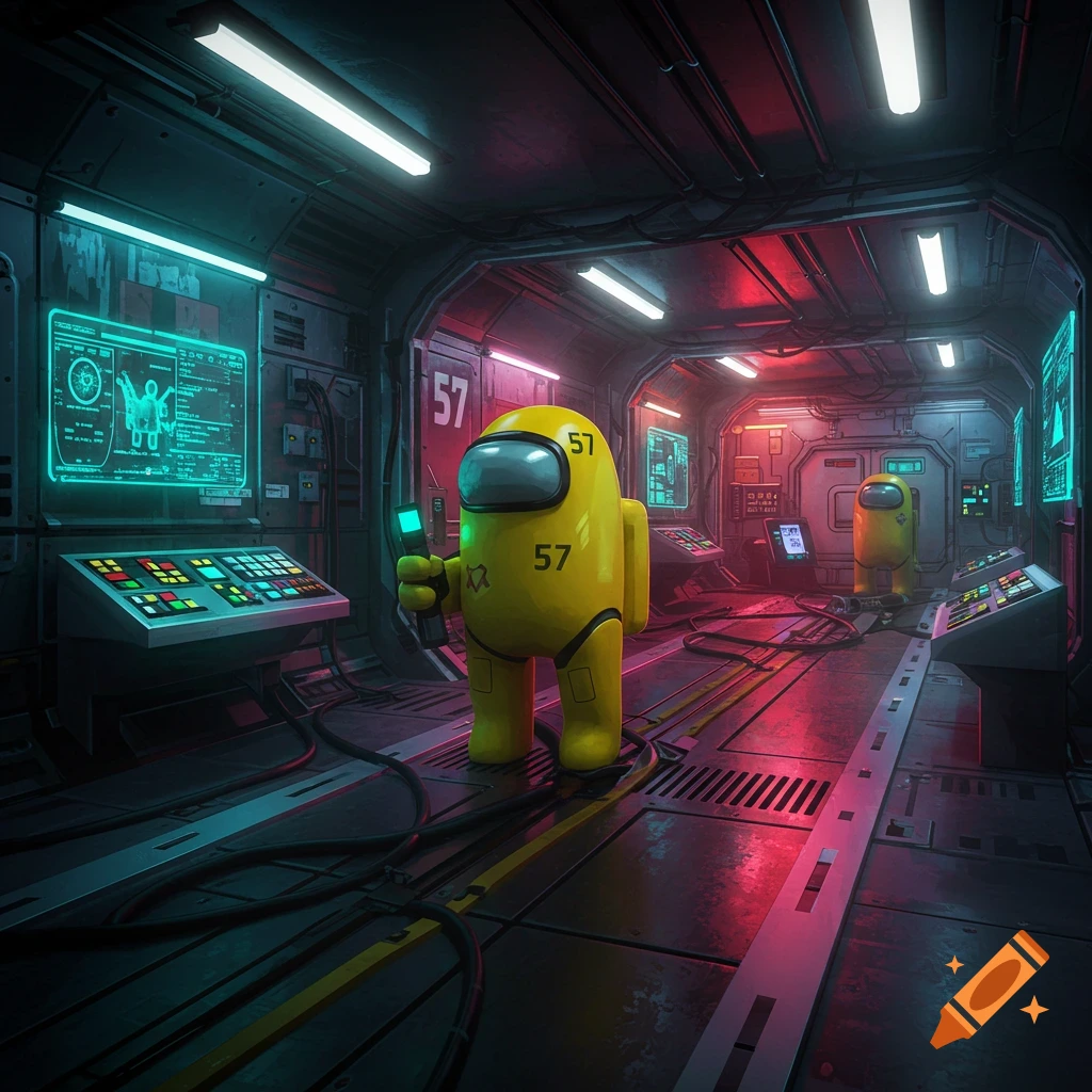 A yellow Among Us character with '57' stands in a futuristic spaceship hallway, holding a device. Blue and red neon lights illuminate the scene.