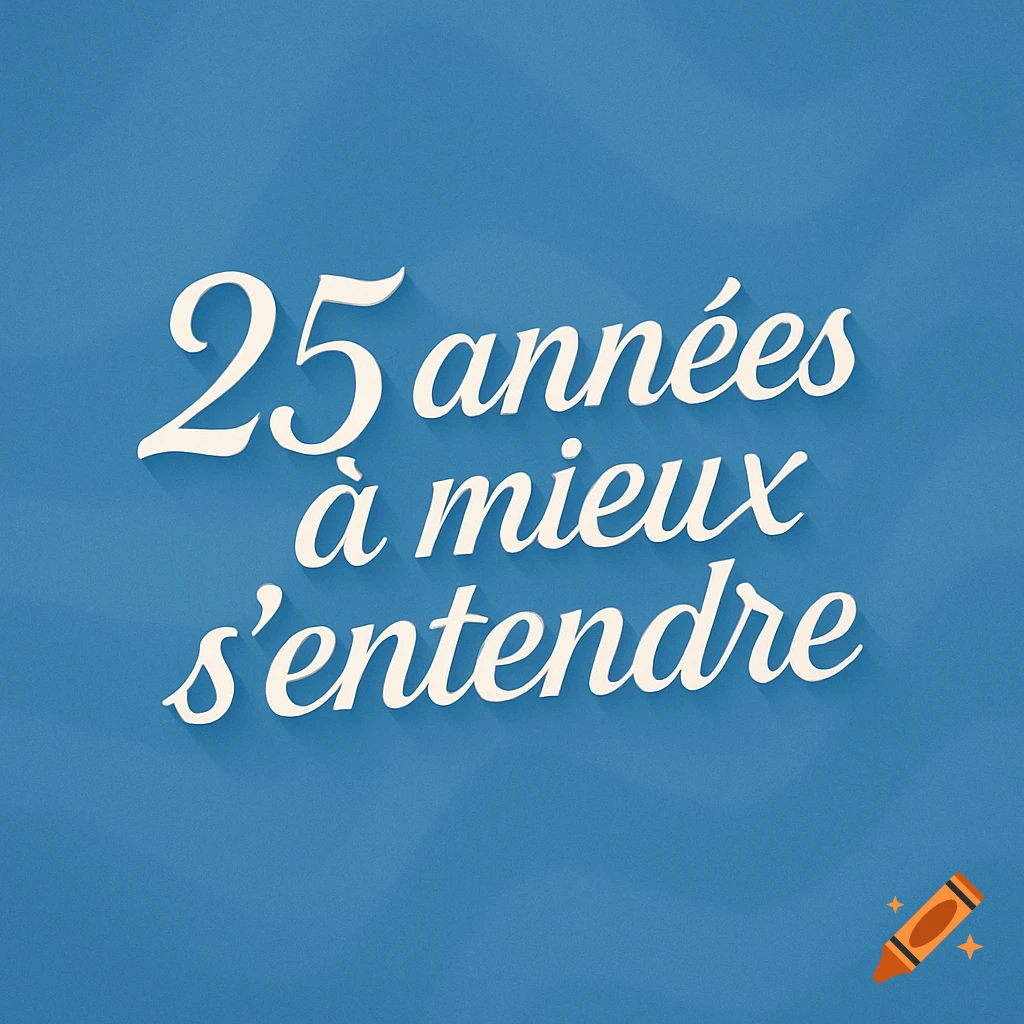 White cursive text '25 années à mieux s'entendre' on a blue background with a subtle shadow effect.