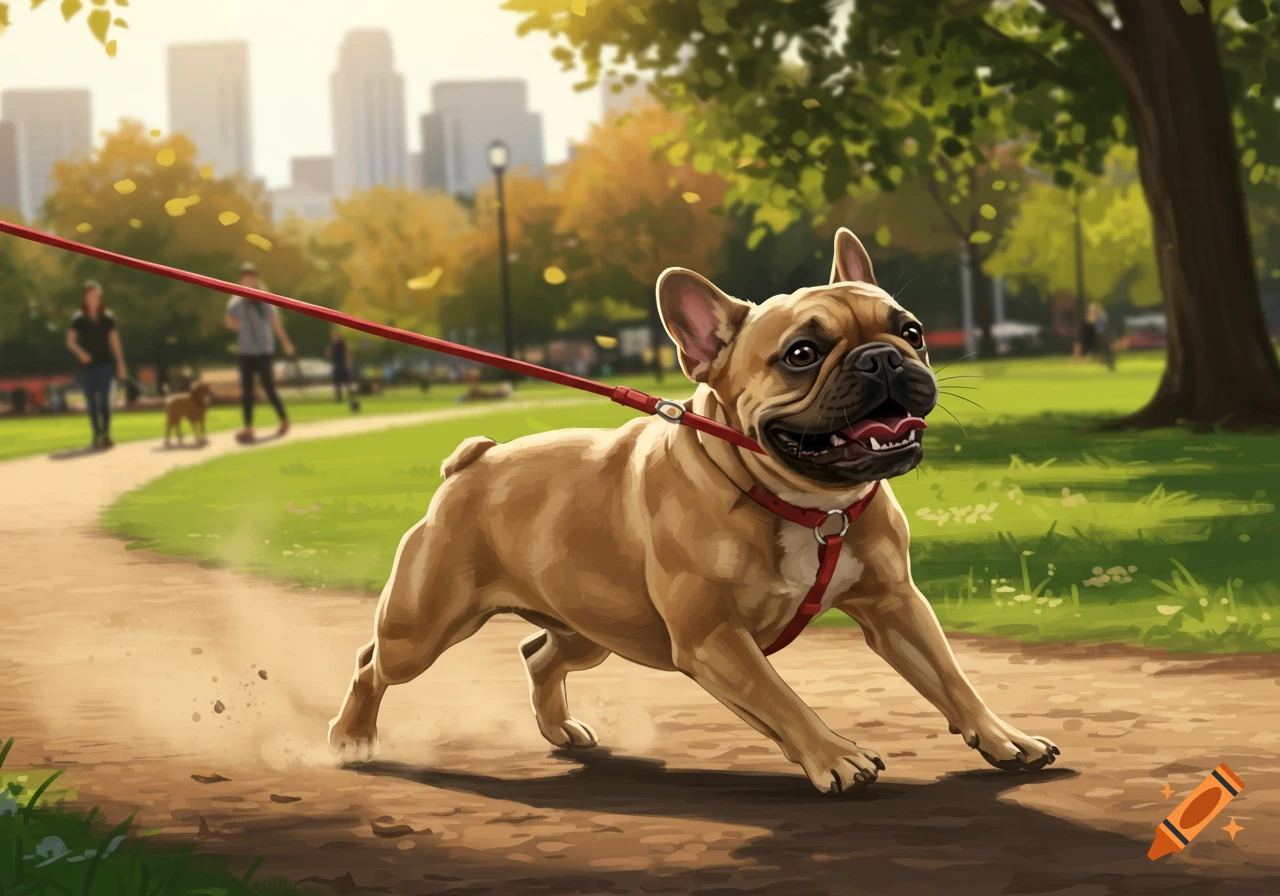 A tan French bulldog pulls on a red leash while running enthusiastically on a dirt path in a sunny park, kicking up dust.