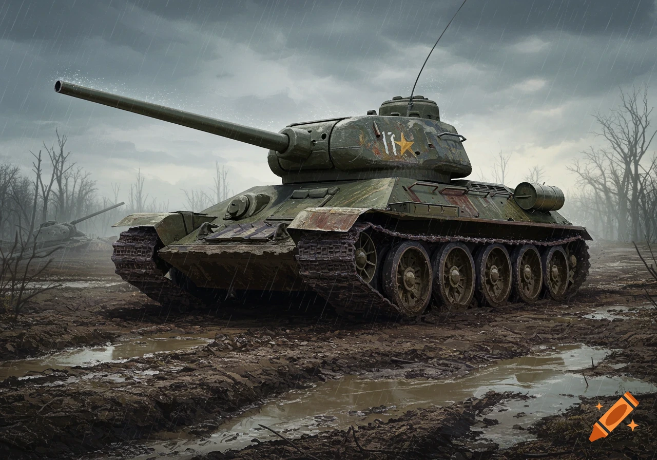A T-34 tank is stuck in deep mud on a rainy, overcast day, with bare trees in the background.