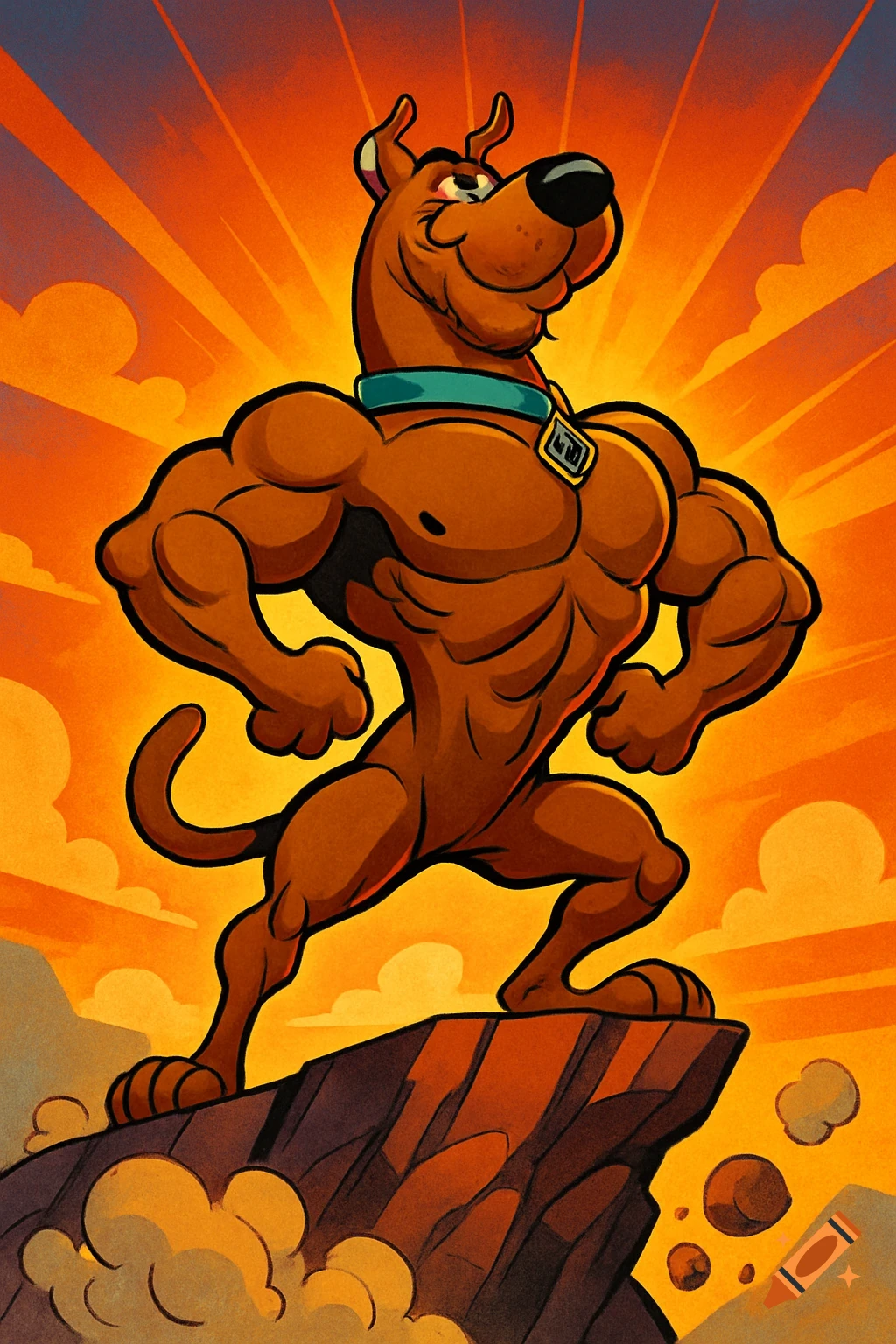 Muscular Scooby Doo poses triumphantly on a cliff at sunset, with powerful muscles flexing.