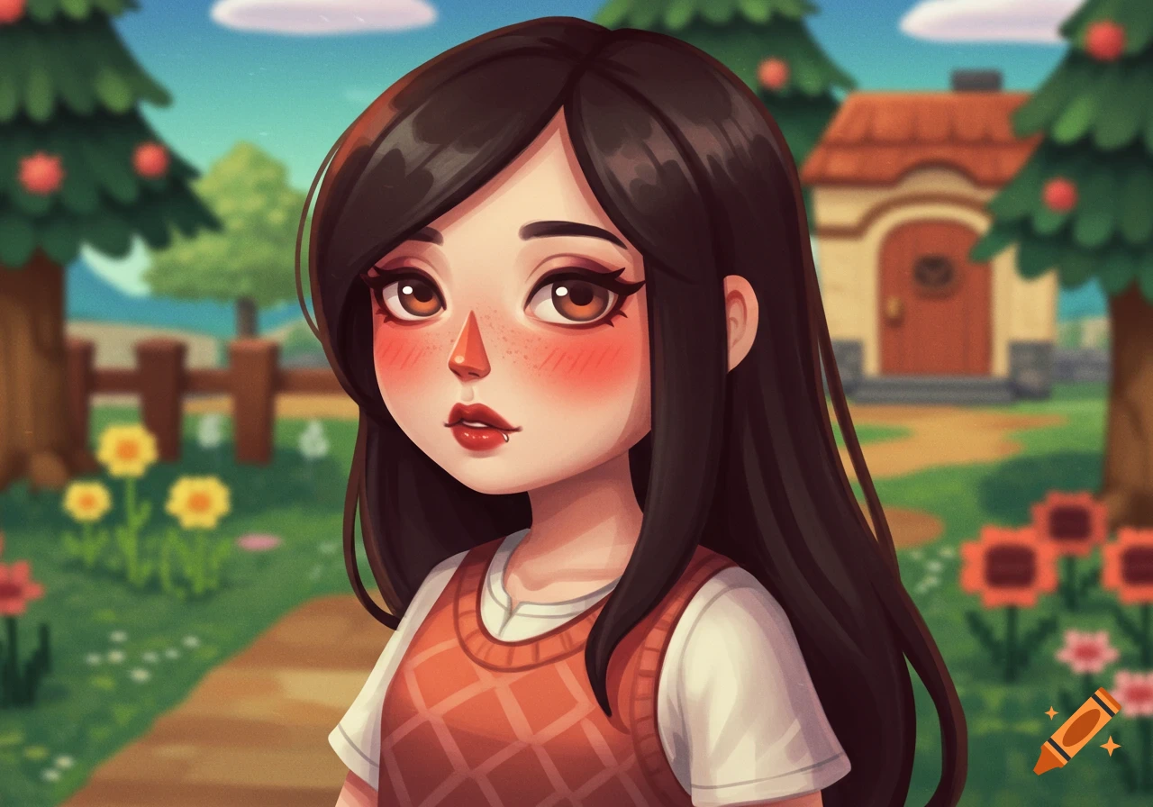A stylized digital portrait of a young woman with dark hair, rosy cheeks, and a lip piercing, in an Animal Crossing-style village.