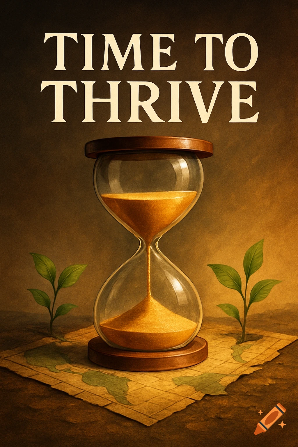 An hourglass with sand flowing, flanked by two green sprouts on a map, with the words 'TIME TO THRIVE' above.