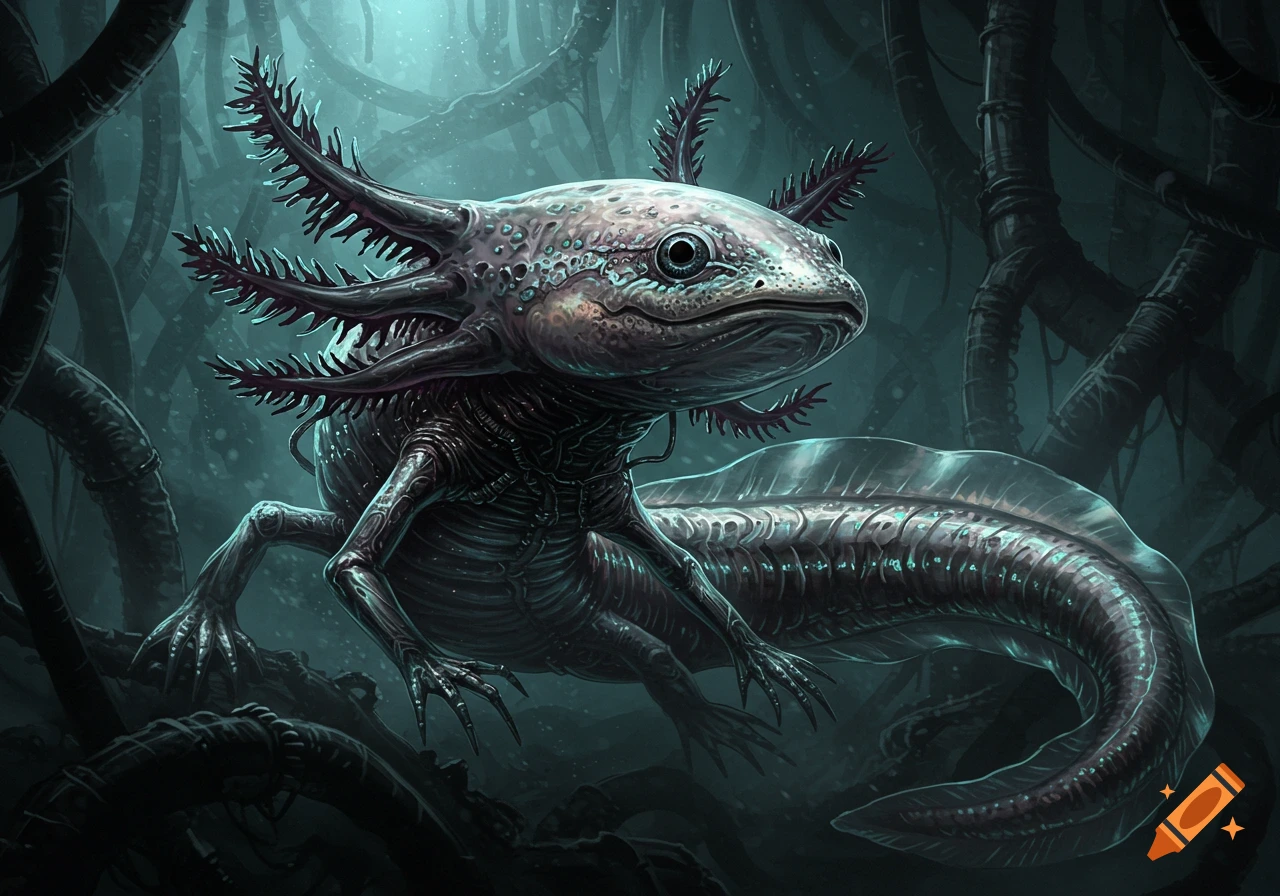 A grotesque, biomechanical axolotl with intricate textures and external gills, in a dark, murky Giger-esque environment.