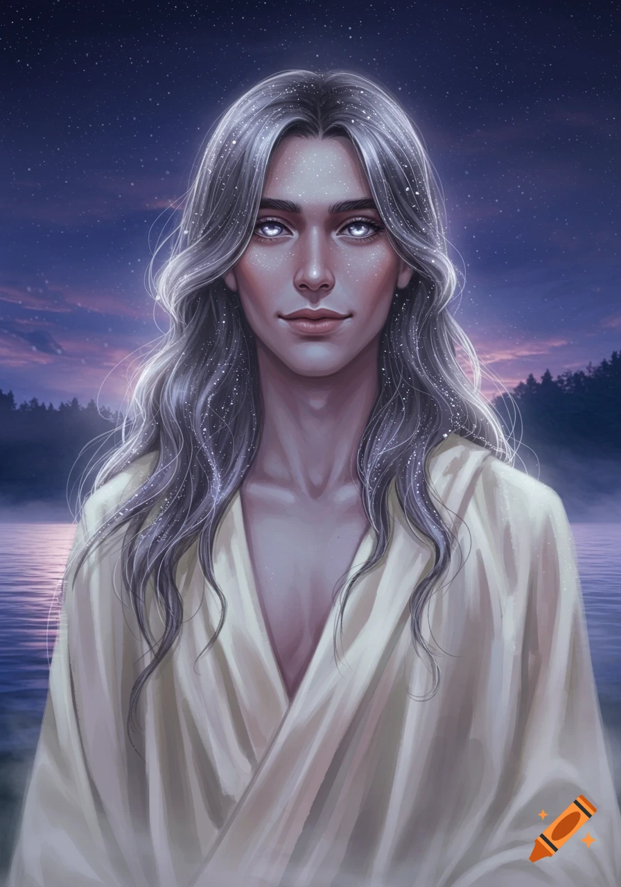 A mystical person with long, shimmering grey hair and glowing white eyes, wearing a white robe, stands against a starry night sky over water.
