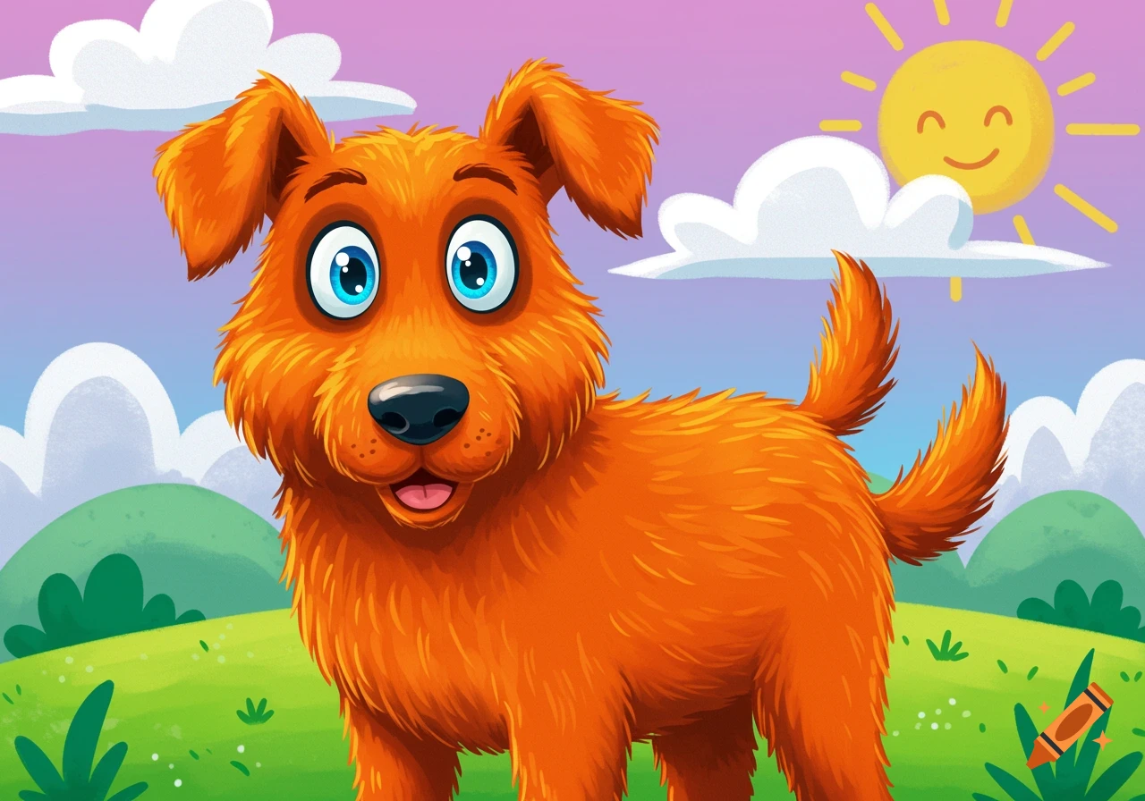 A friendly cartoon orange dog with blue eyes stands in a green field under a blue sky with clouds and a smiling sun.