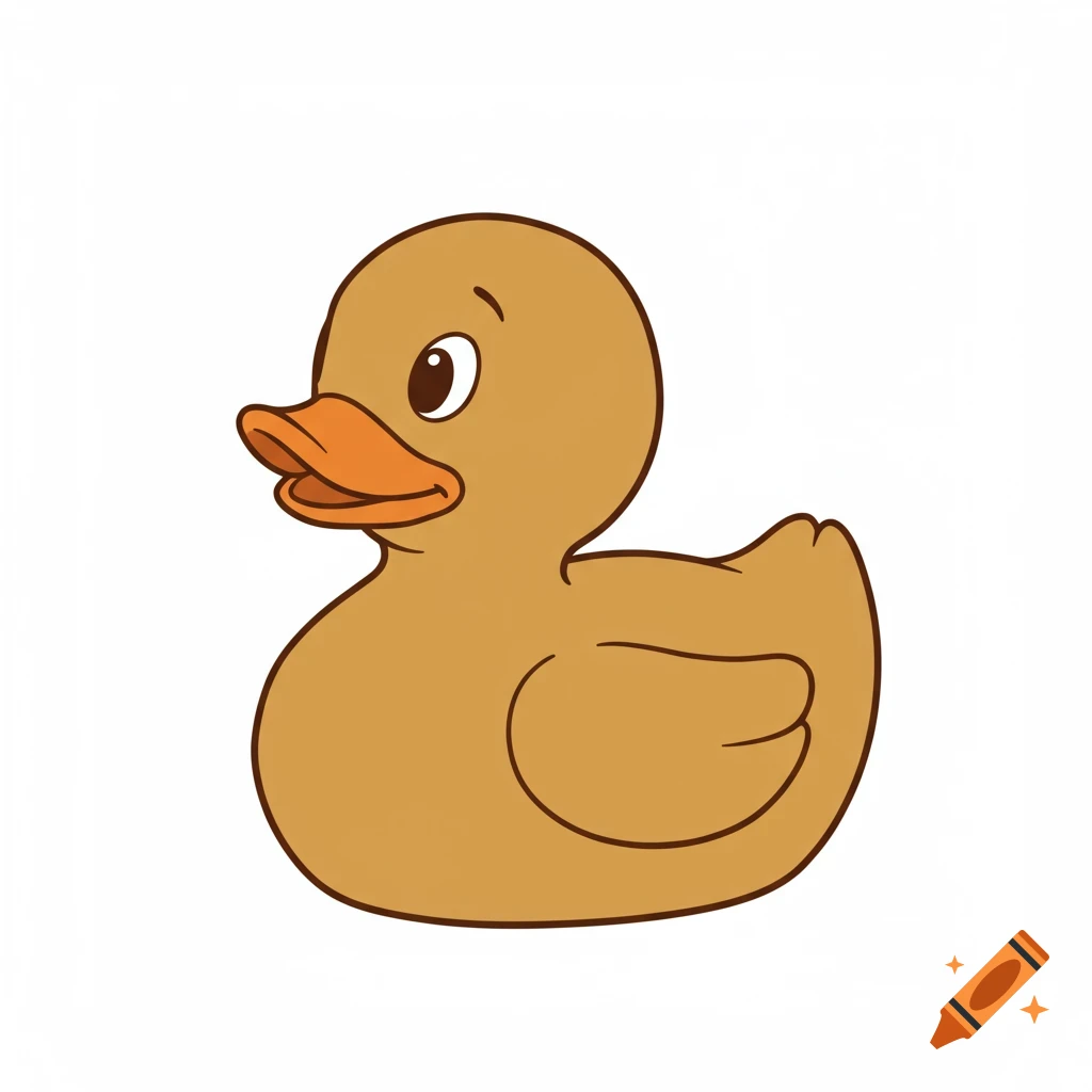 A 2D cartoon illustration of a brown rubber duck with an orange beak, isolated on a white background.