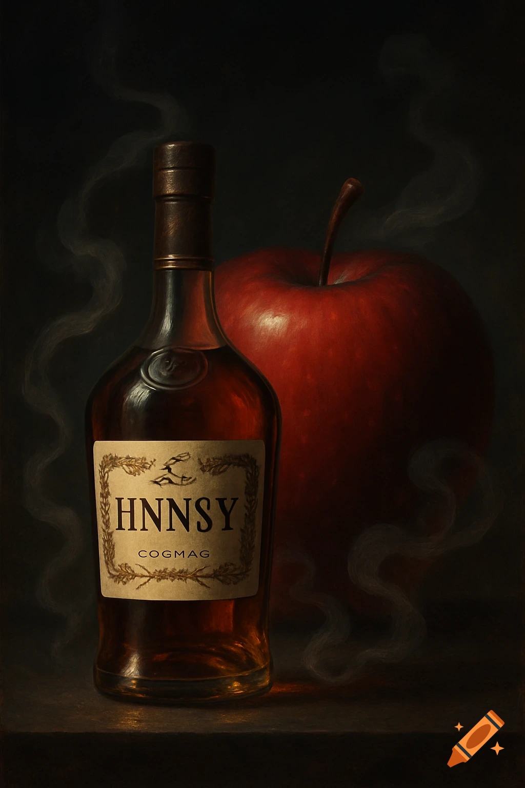 A still life painting of a dark brown bottle labeled "HNNSY COGMAG" with smoke around it, and a large red apple in the background, all against a dark backdrop.