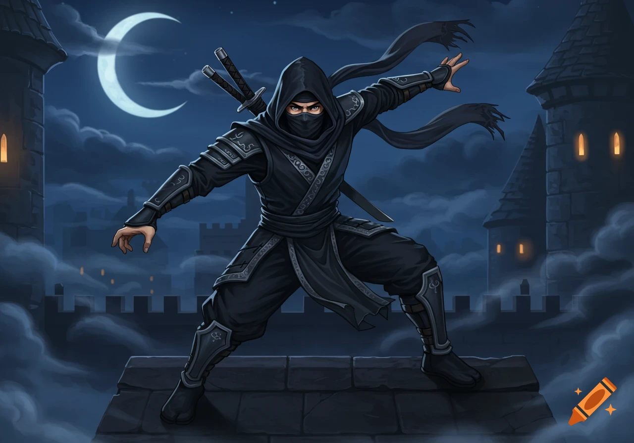 A masked ninja in black attire stands on a castle rooftop under a crescent moon at night.