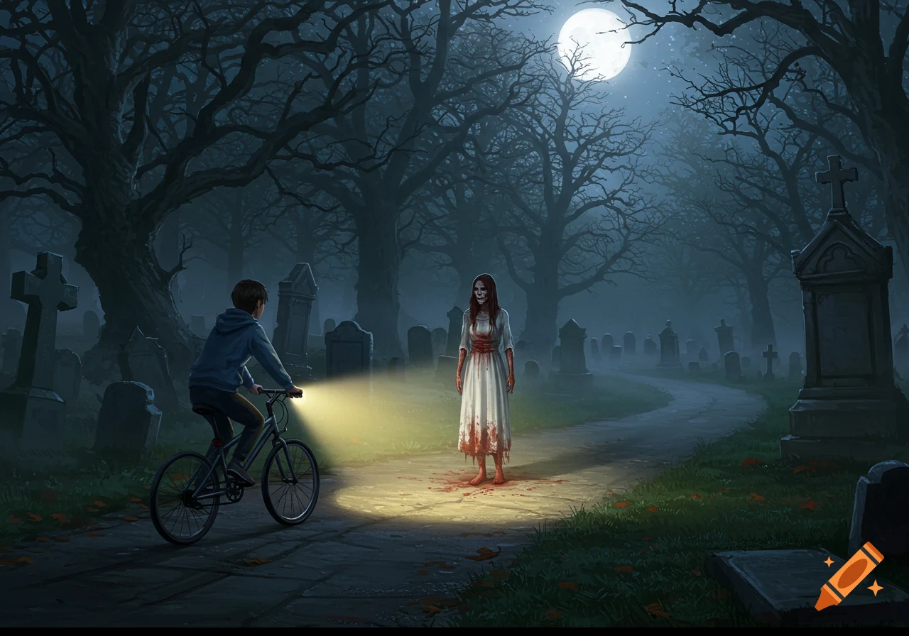 A boy on a bicycle with a bright headlight encounters a ghostly woman covered in blood in a spooky cemetery at night, under a full moon.