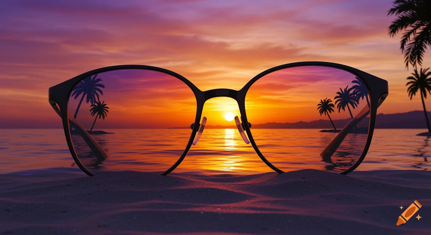 Sunglasses on a sandy beach reflecting a vibrant sunset over the ocean with palm trees.