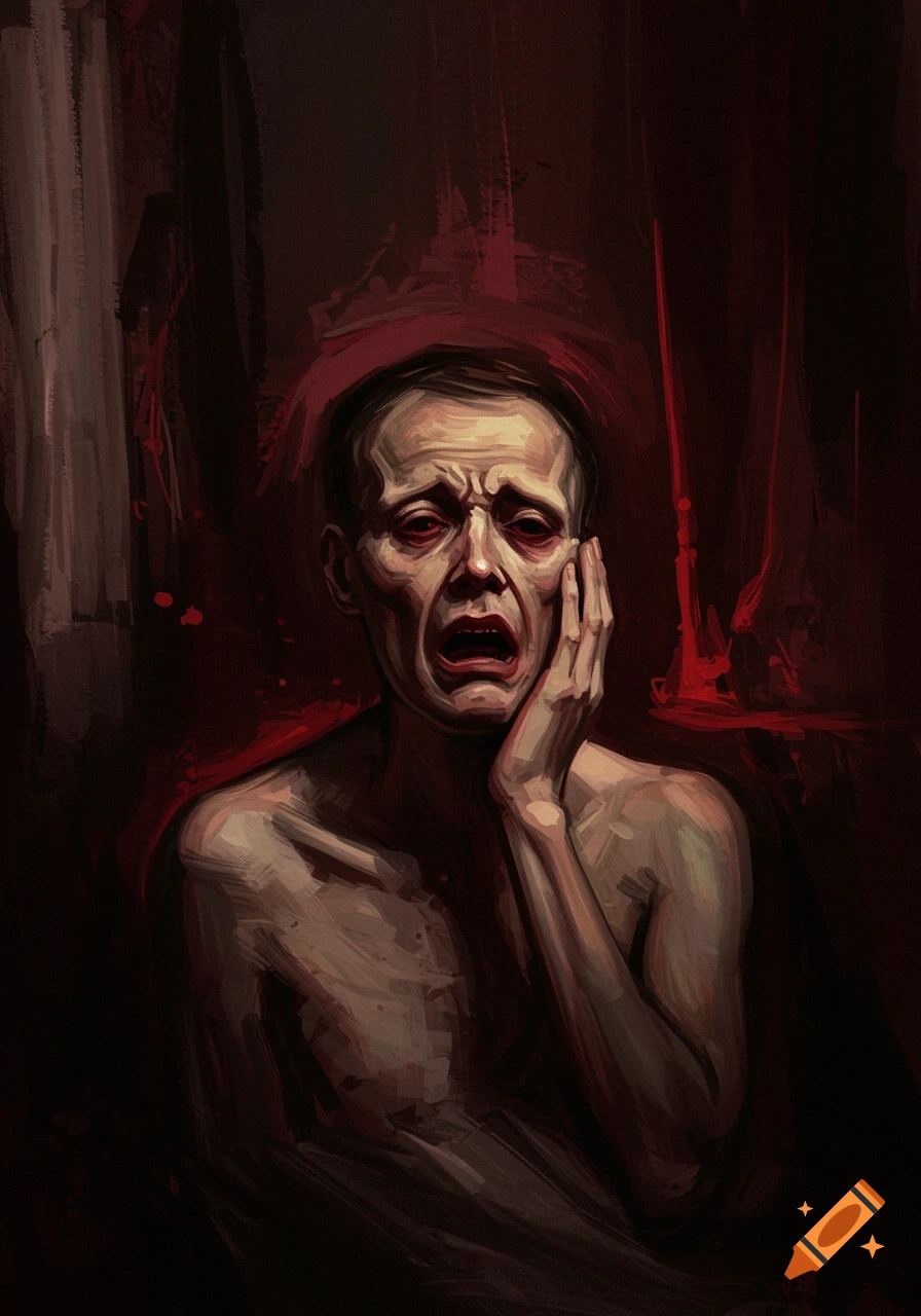 A distressed man with red eyes, hands on his face, in a dark, expressionistic Francis Bacon style with red splashes.