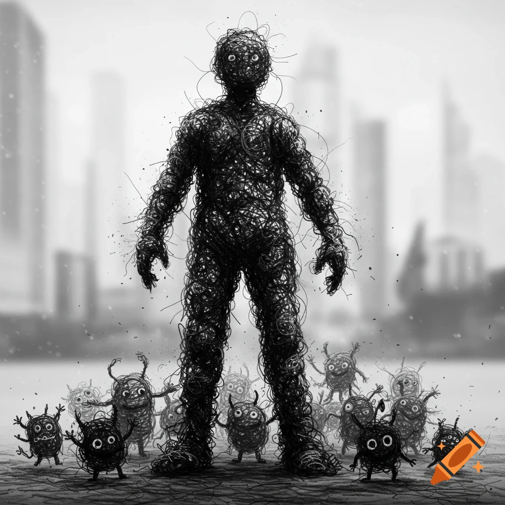 A tall, dark figure made of scribbles stands in a black and white cityscape, surrounded by smaller, grinning scribble monsters.