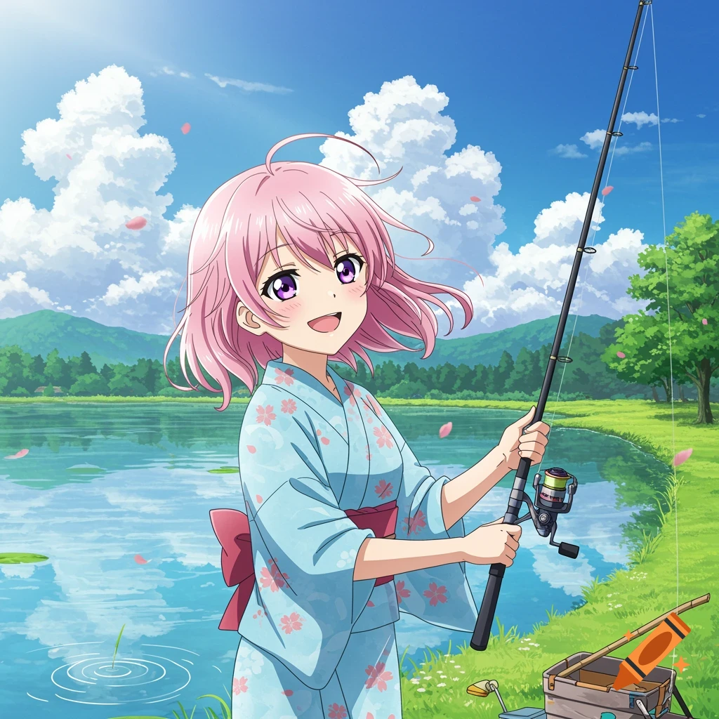 A happy anime girl with pink hair, wearing a light blue yukata, smiles while fishing by a scenic lake with mountains in the background under a blue sky.