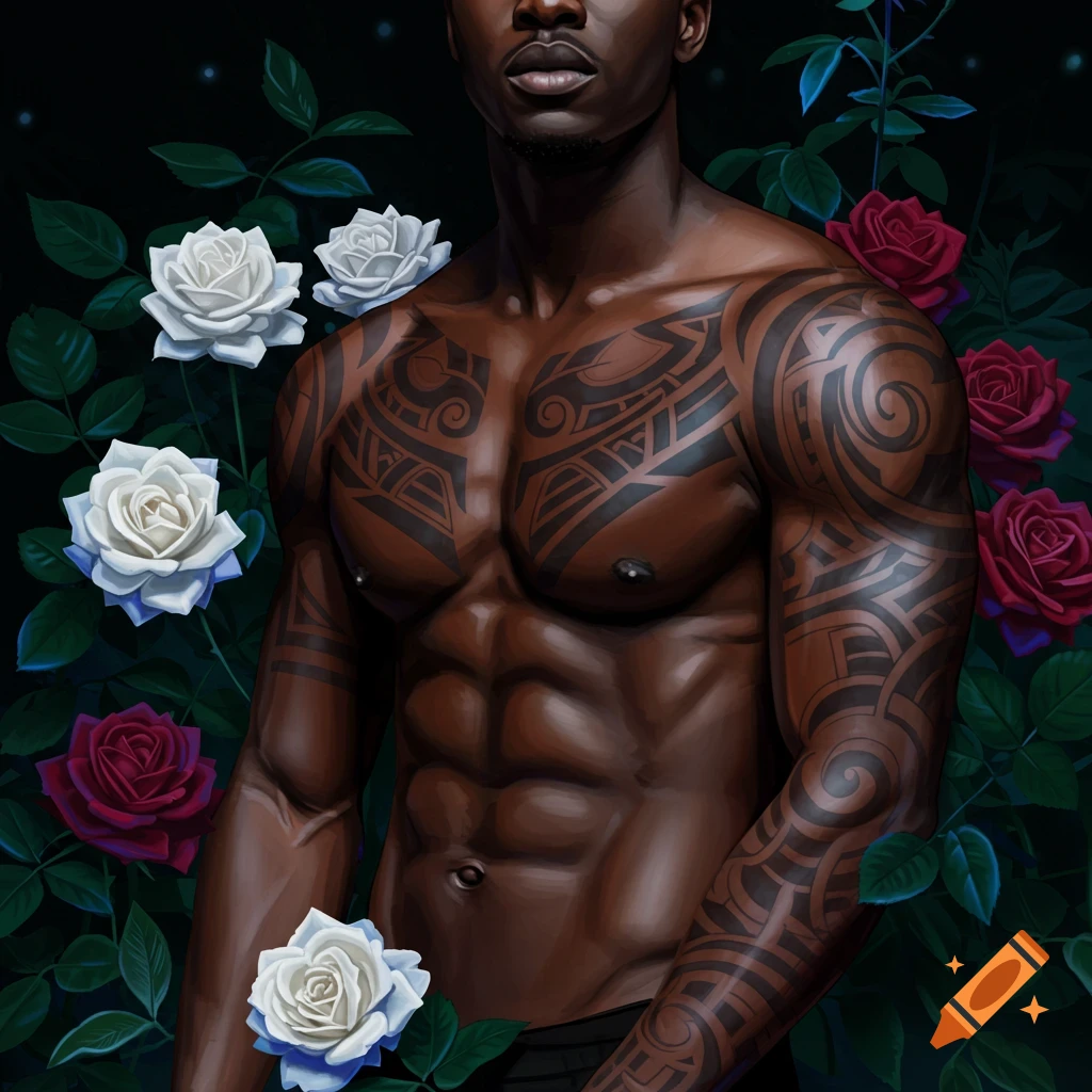An artistic portrait of a shirtless Black man with full arm and chest tattoos, surrounded by white and red roses.