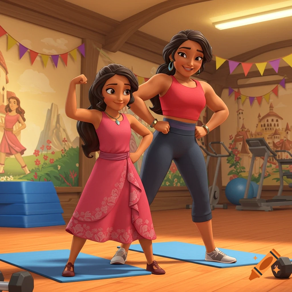 A cartoon mother and daughter, resembling Elena of Avalor characters, flexing their biceps in a gym with workout equipment and murals.
