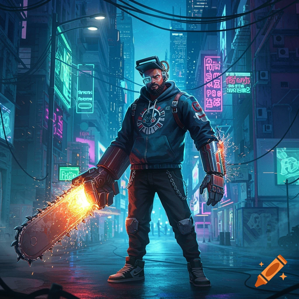 A stylized man with a glowing chainsaw hand and cybernetic arm stands in a dark, neon-lit cyberpunk city street.