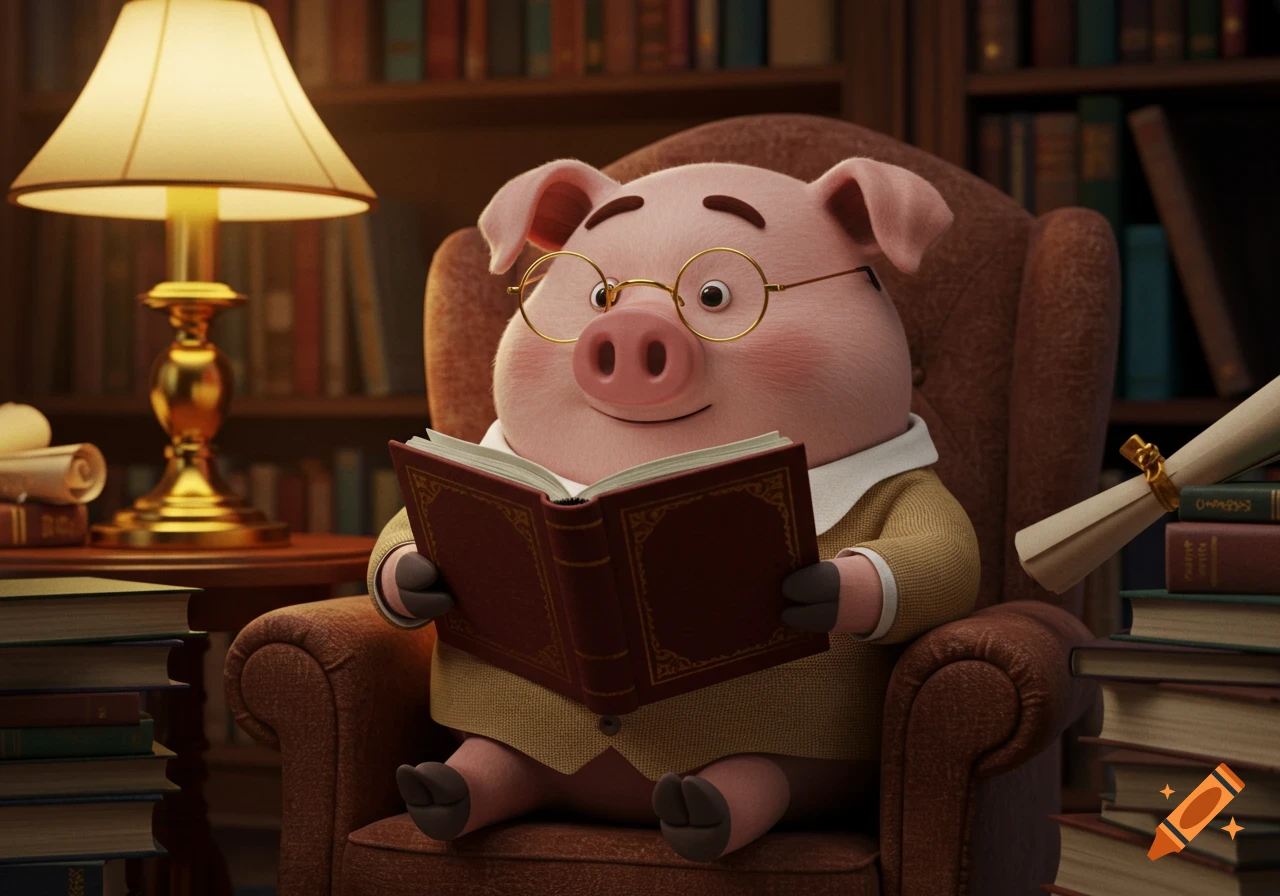 A cute, animated pig with round glasses sits in a brown armchair, reading a book in a cozy library with bookshelves.