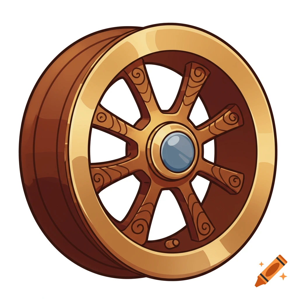 A 2D cartoon wooden wheel with a gold rim and a blue-grey hub on a white background.