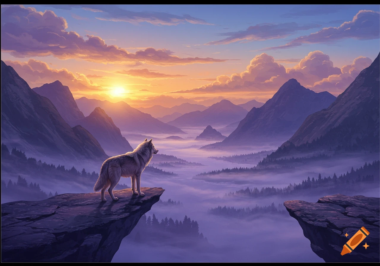 A wolf stands on a rocky cliff overlooking a misty mountain valley bathed in the orange glow of a sunrise.