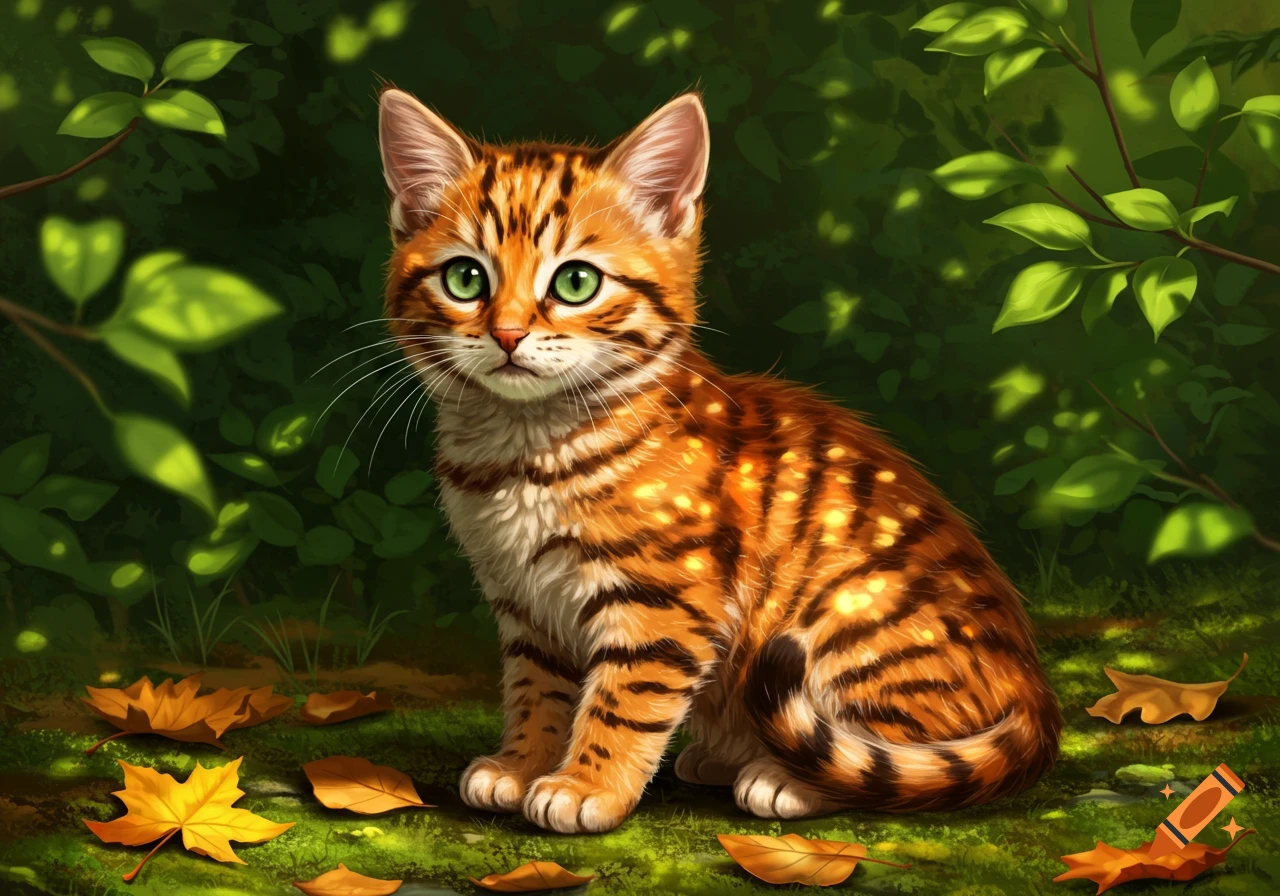 A cute orange tabby kitten with bright green eyes sits among green leaves and scattered autumn foliage.