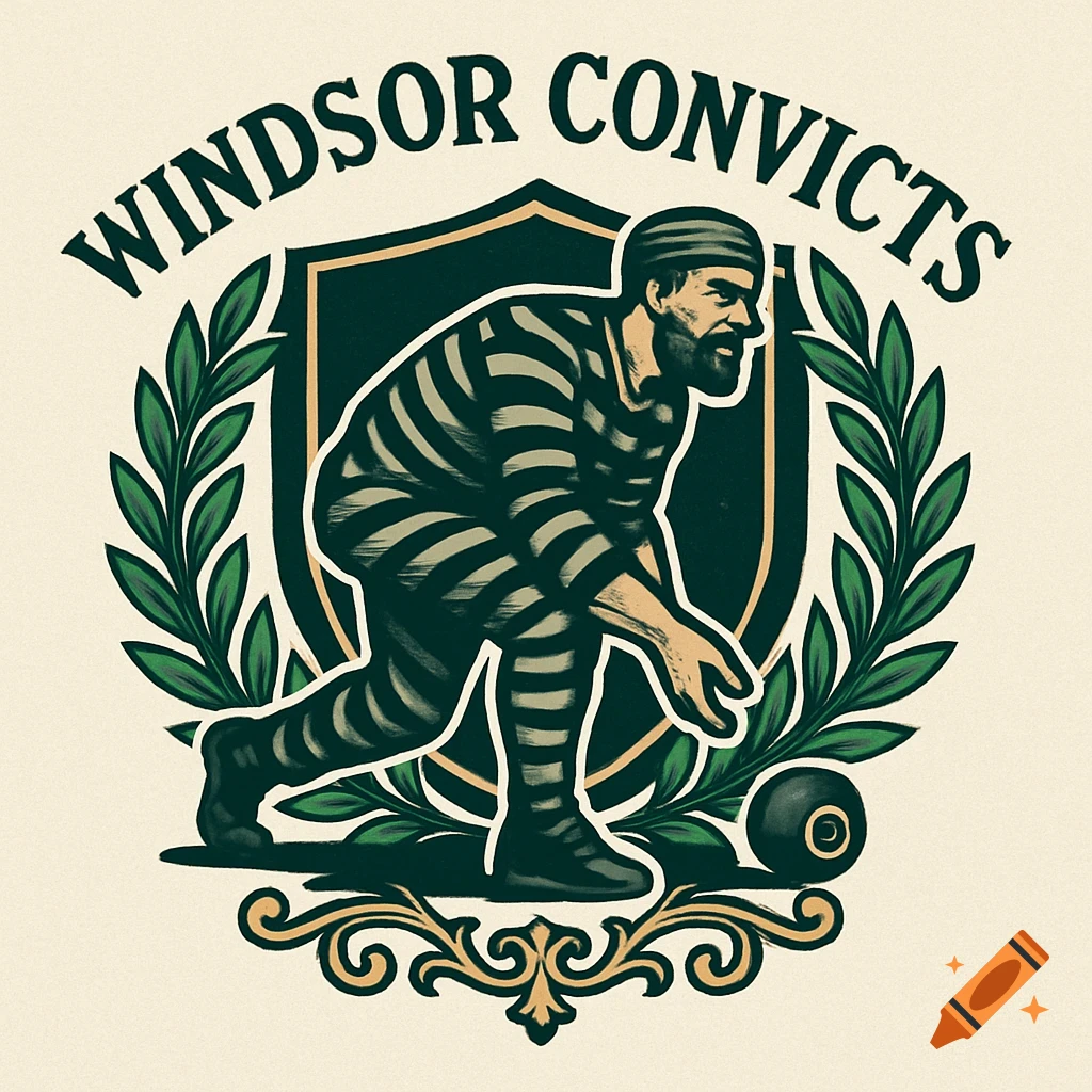 Vintage-style logo of a man in a striped prisoner uniform bowling, set within a shield and laurel wreath, with 'WINDSOR CONVICTS' text.