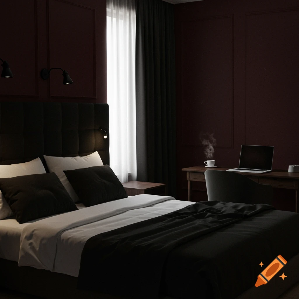 A dark bedroom with maroon walls, a black padded headboard, and black and white bedding. A large window with sheer and dark curtains is on the left. A wooden desk with a laptop and a steaming coffee cup sits on the right.