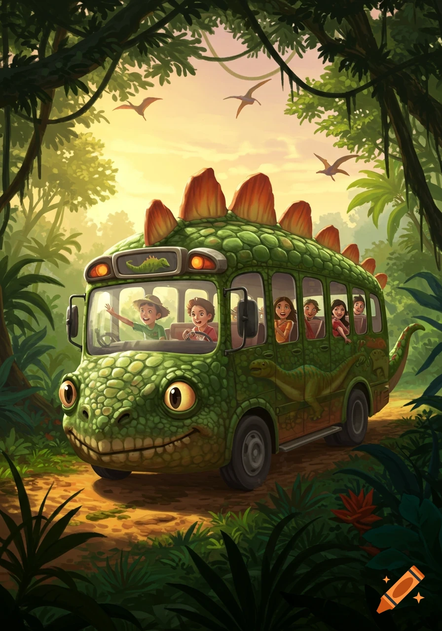 A vibrant illustration of a green, whimsical dinosaur bus with children inside, driving through a lush jungle with pterodactyls flying in the sky.