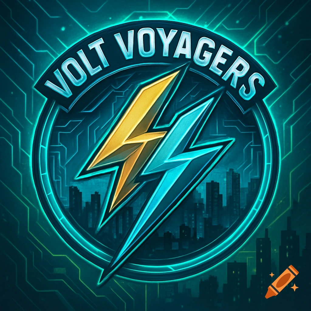 A circular logo with the words 'VOLT VOYAGERS' above two crossing gold and teal lightning bolts, set against a dark cityscape.