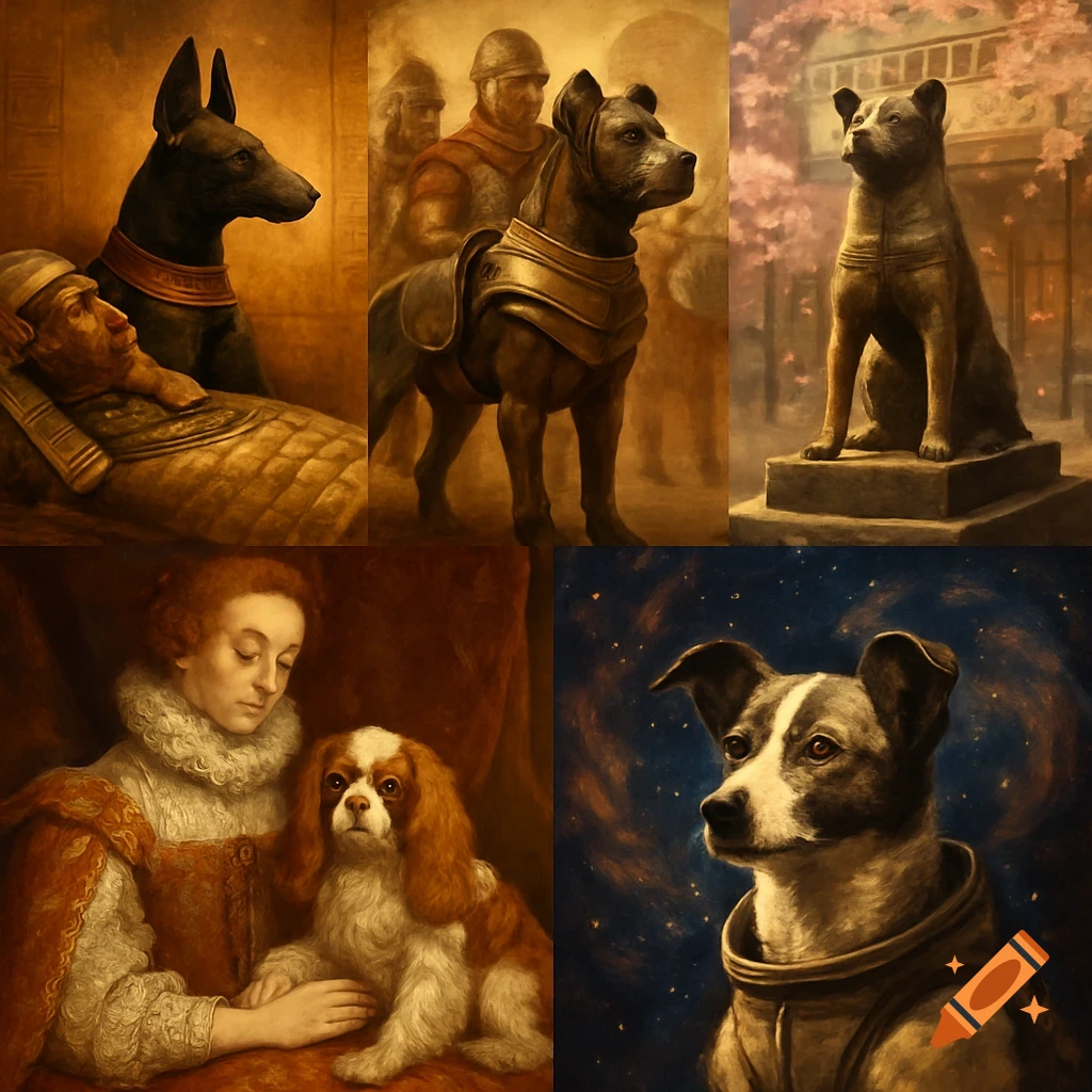 A collage of six painted images depicting dogs in historical and stylized settings.