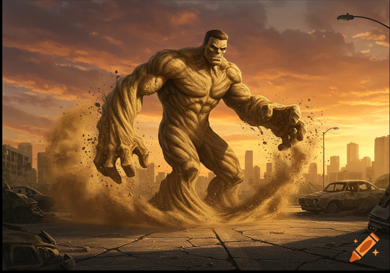 A massive, muscular figure made of sand rises from a city street, surrounded by debris and a dramatic sunset.
