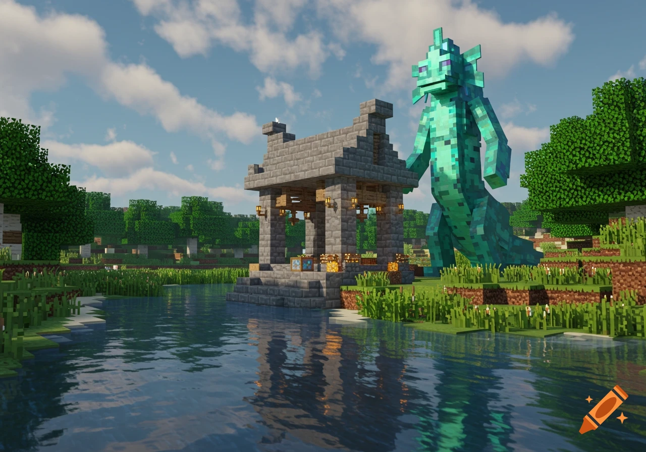 A large, teal, blocky river god stands next to a cobblestone shrine by a reflective river in a Minecraft-style landscape.