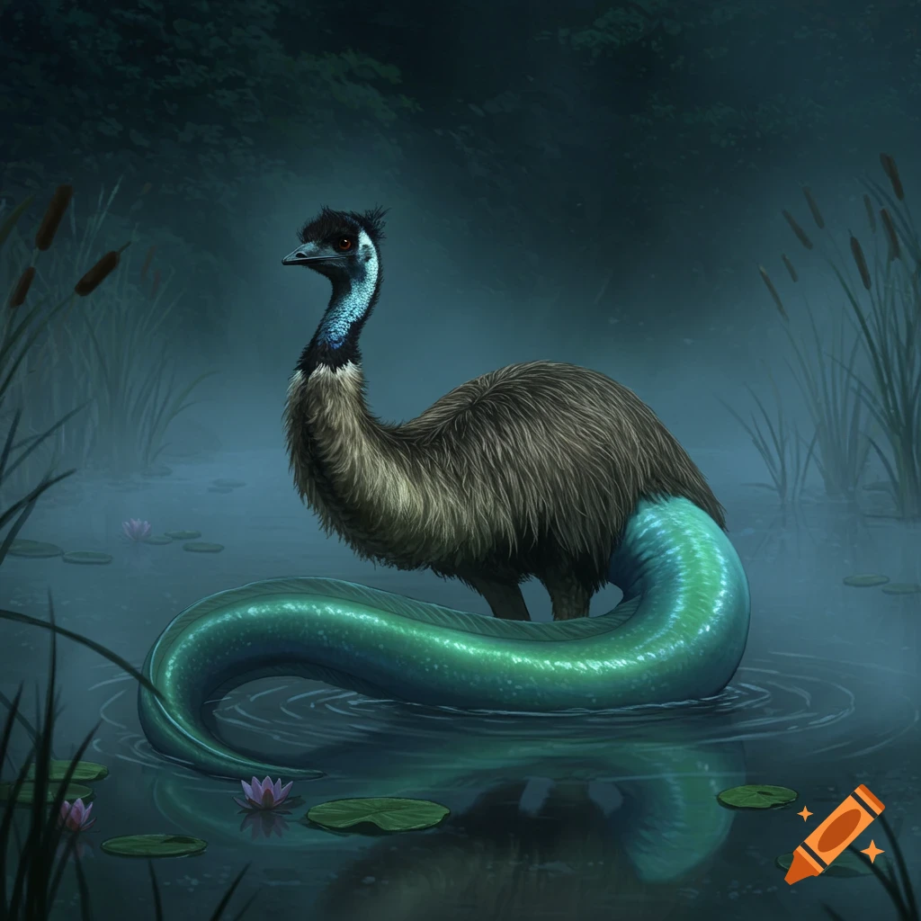 An emu-eel hybrid creature stands in a misty, dark pond with water lilies and tall reeds.