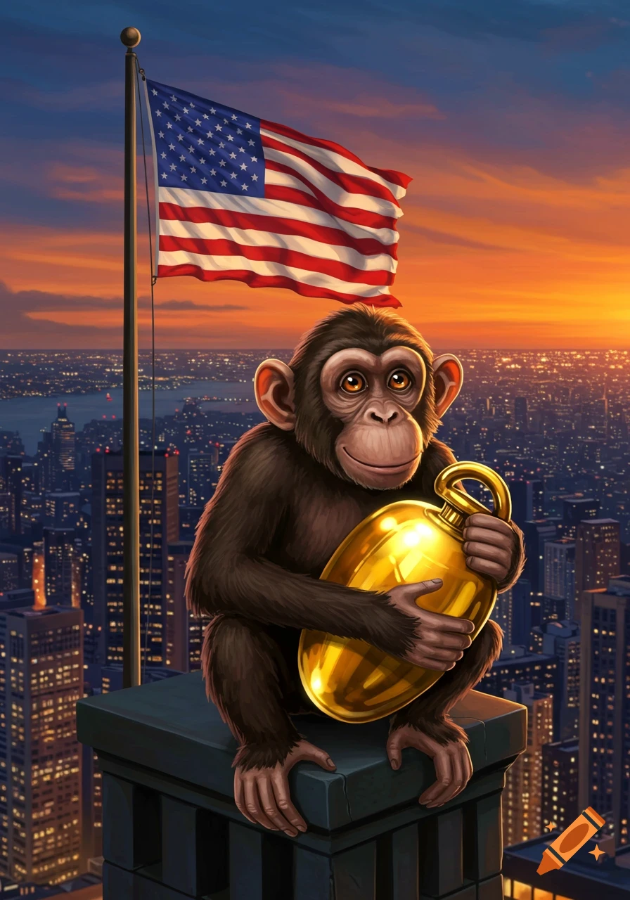 A cartoon monkey sits on a skyscraper rooftop, holding a golden object, with a large American flag waving behind it against a sunset cityscape.