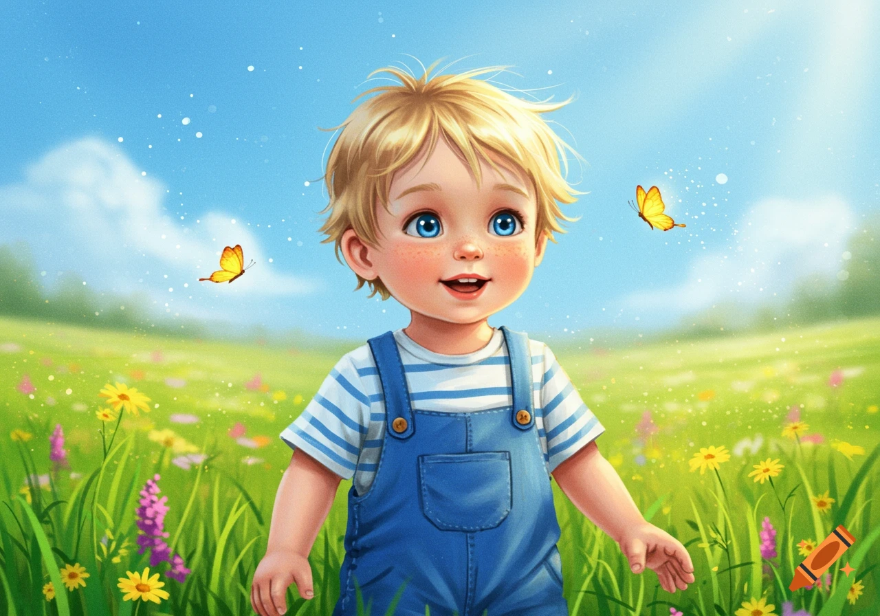 A blonde, blue-eyed boy in overalls stands smiling in a vibrant green meadow with colorful flowers and butterflies, in a cheerful illustration style.