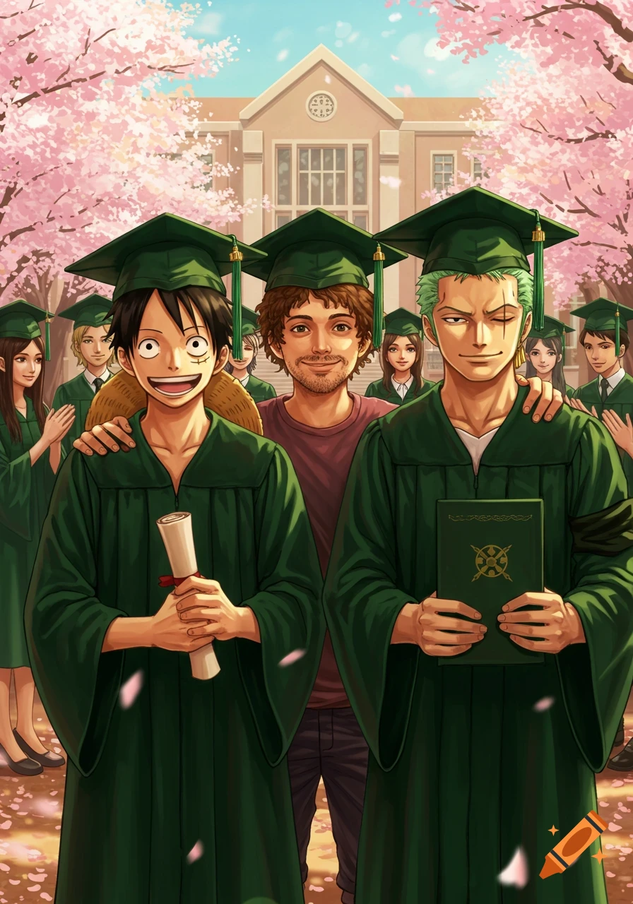 Luffy and Zoro from One Piece, with a third male character, in dark green graduation robes under blooming cherry trees.