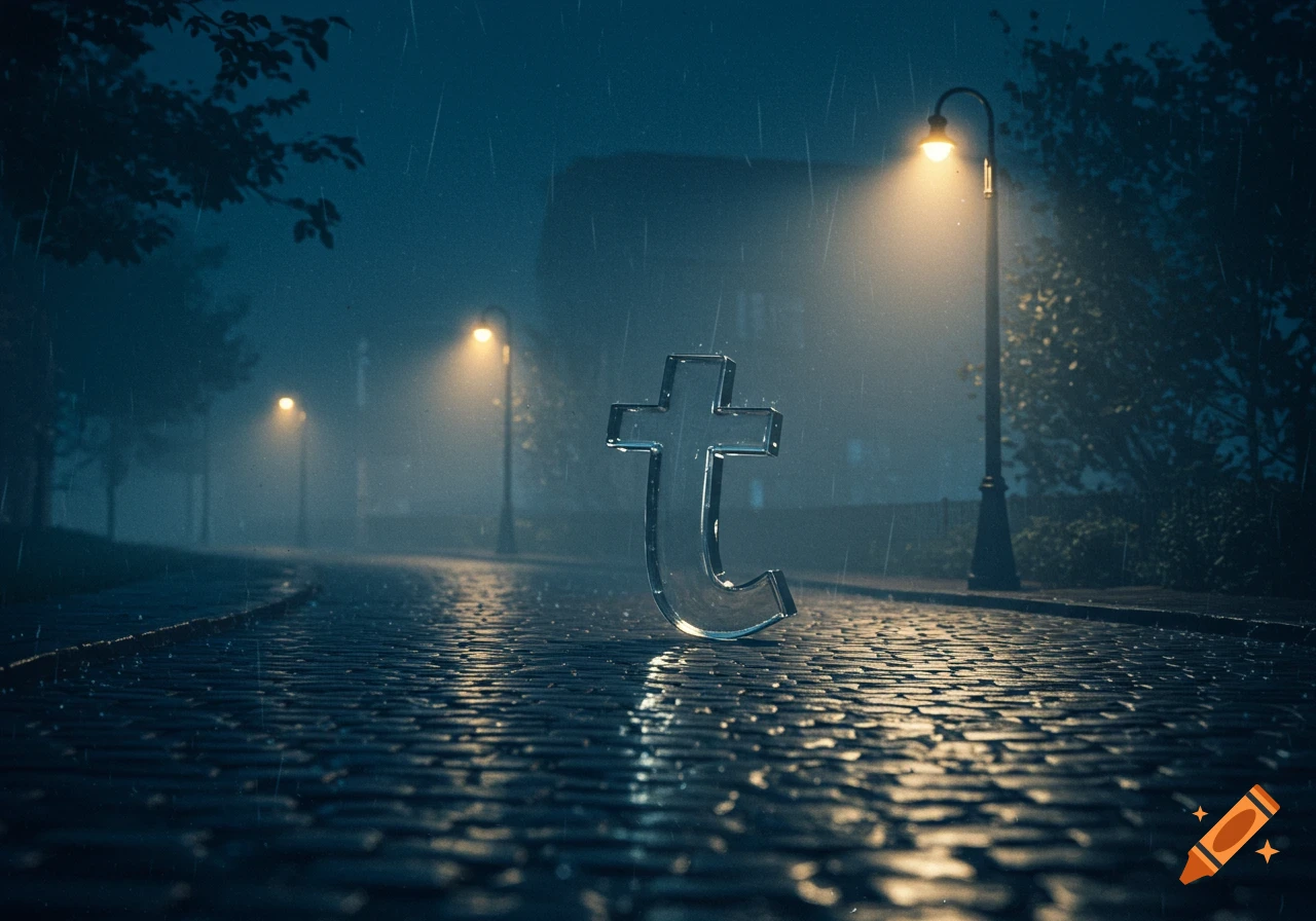 A glossy, clear lowercase 't' stands on a wet cobblestone street at night, with rain falling and lampposts casting warm light.