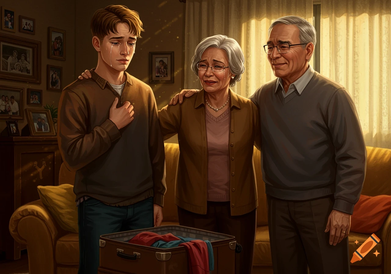 A young man cries while being comforted by an older woman and man in a warm, dimly lit living room with a suitcase at their feet, digital illustration.