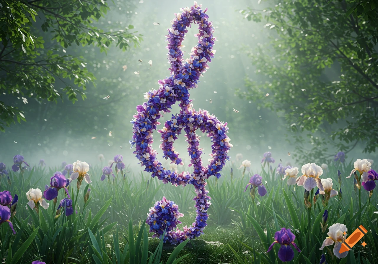 A delicate treble clef made of purple and white flowers stands in a misty green meadow with irises and dappled sunlight.